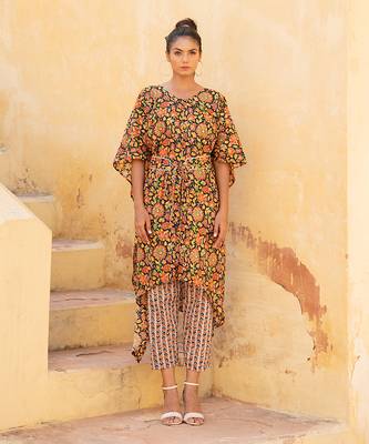 Evening Blue Kaftan Kurta With Geormtery Pant 1