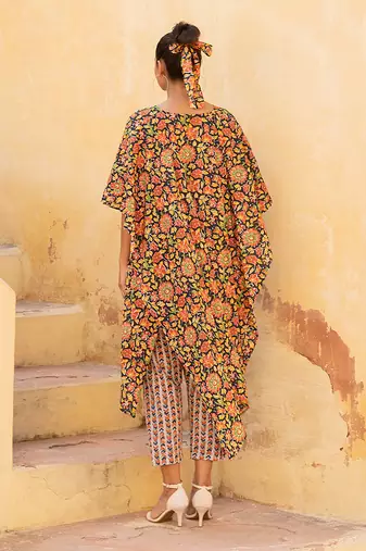 Evening Blue Kaftan Kurta With Geormtery Pant