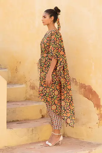 Evening Blue Kaftan Kurta With Geormtery Pant