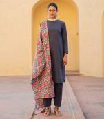 Blue Pansy High Neck Lace Detailing Kurta Set With Handblock Floral Print Dupatta