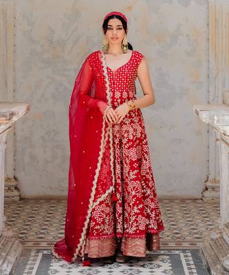 Cherry Red Georgette Embroidered Anarkali Set 1