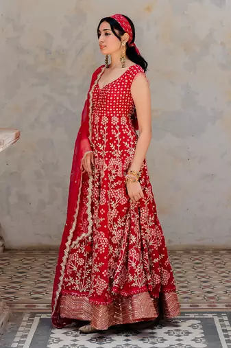 Cherry Red Georgette Embroidered Anarkali Set