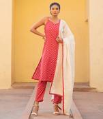 Lava Red Geometric Handblock Print Suit Set Paired With Lurex Cotton Dupatta