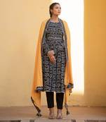 Black Bhandej Anarkali Suit Set With Mustard Dupatta