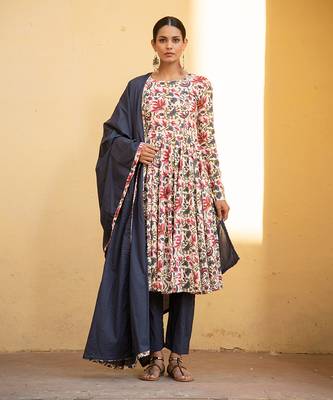Ivory Floral Print Anarkali Suit Set Paired With Blue Pansy Dupatta 1