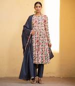 Ivory Floral Print Anarkali Suit Set Paired With Blue Pansy Dupatta