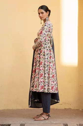 Ivory Floral Print Anarkali Suit Set Paired With Blue Pansy Dupatta