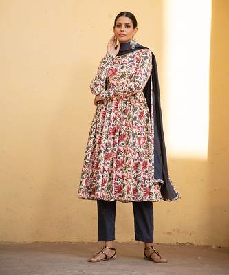 Ivory Floral Print Anarkali Suit Set Paired With Blue Pansy Dupatta 4