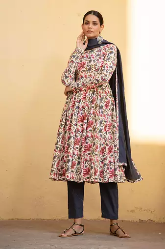 Ivory Floral Print Anarkali Suit Set Paired With Blue Pansy Dupatta