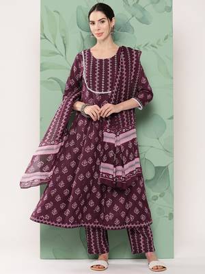 Burgundy printed cotton ethnic-kurtis 1