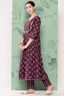 Burgundy printed cotton ethnic-kurtis