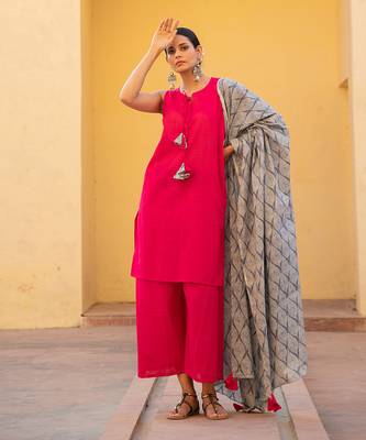Fuschia Pink Front Tassel Tie Up Suit Set With Geometric Print Dupatta 1