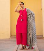 Fuschia Pink Front Tassel Tie Up Suit Set With Geometric Print Dupatta