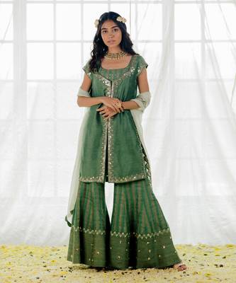 Fern Green Silk Embroidered Sharara Set 1