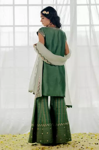 Fern Green Silk Embroidered Sharara Set