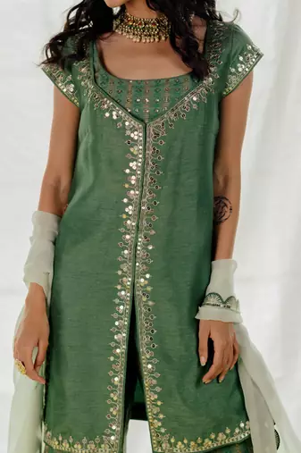 Fern Green Silk Embroidered Sharara Set