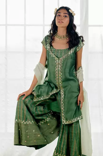 Fern Green Silk Embroidered Sharara Set