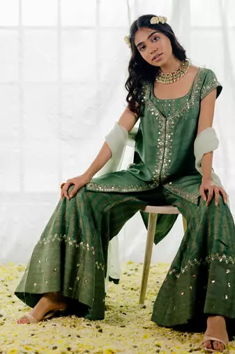 Fern Green Silk Embroidered Sharara Set