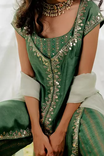 Fern Green Silk Embroidered Sharara Set
