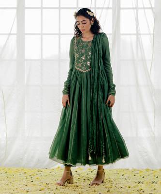Fern Green Cotton Crinkled Anarkali Set 1