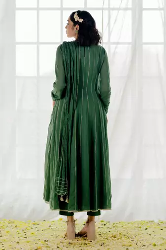 Fern Green Cotton Crinkled Anarkali Set