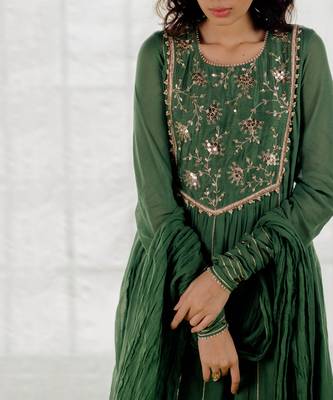 Fern Green Cotton Crinkled Anarkali Set 3