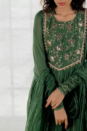 Fern Green Cotton Crinkled Anarkali Set