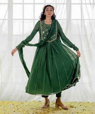 Fern Green Cotton Crinkled Anarkali Set 4