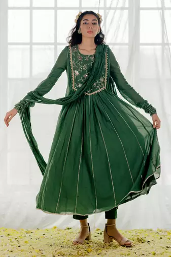 Fern Green Cotton Crinkled Anarkali Set
