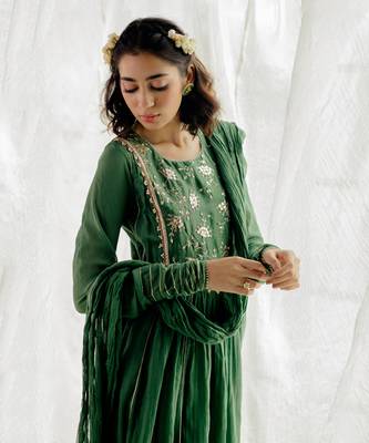 Fern Green Cotton Crinkled Anarkali Set 5