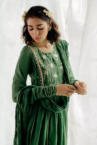 Fern Green Cotton Crinkled Anarkali Set