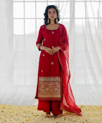 Cherry Red Silk Embroidered Straight Kurta Set 1