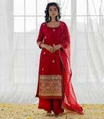 Cherry Red Silk Embroidered Straight Kurta Set