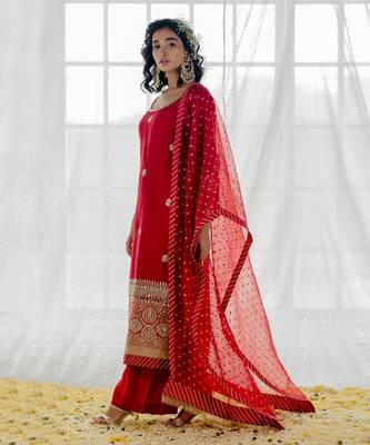 Cherry Red Silk Embroidered Straight Kurta Set 2