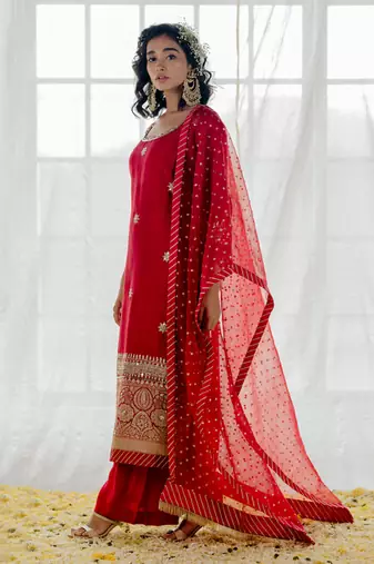 Cherry Red Silk Embroidered Straight Kurta Set