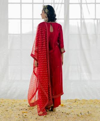 Cherry Red Silk Embroidered Straight Kurta Set 3