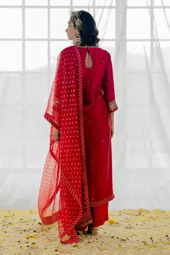 Cherry Red Silk Embroidered Straight Kurta Set