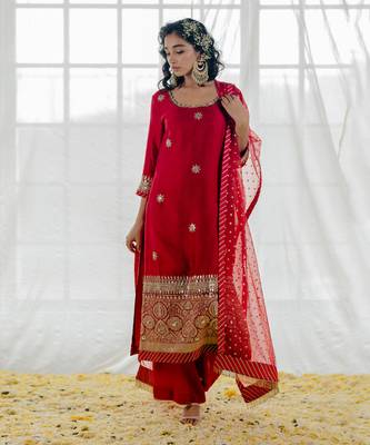 Cherry Red Silk Embroidered Straight Kurta Set 4
