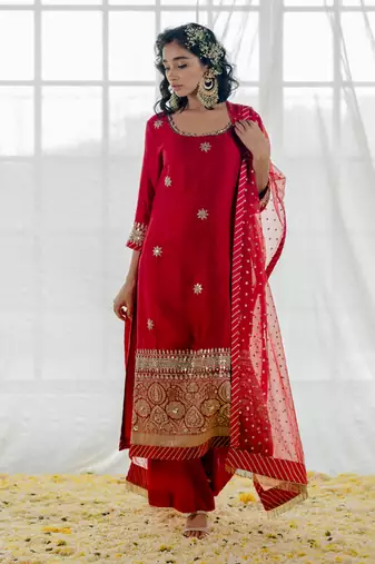 Cherry Red Silk Embroidered Straight Kurta Set