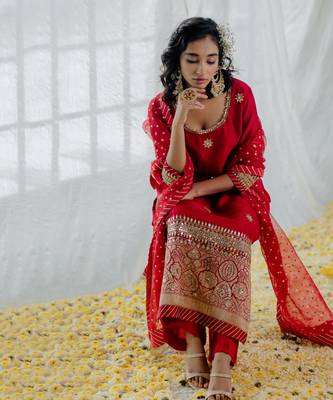 Cherry Red Silk Embroidered Straight Kurta Set 5
