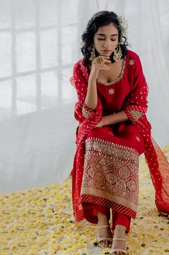 Cherry Red Silk Embroidered Straight Kurta Set