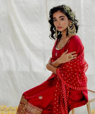 Cherry Red Silk Embroidered Straight Kurta Set 6