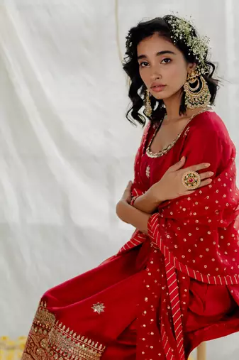 Cherry Red Silk Embroidered Straight Kurta Set