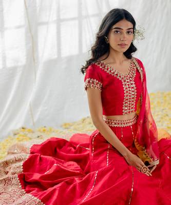 Cherry Red Silk Embroidered Lehenga Set 2