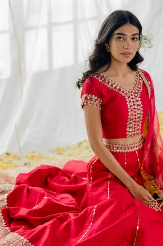 Cherry Red Silk Embroidered Lehenga Set