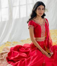 Cherry Red Silk Embroidered Lehenga Set