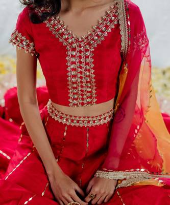 Cherry Red Silk Embroidered Lehenga Set 3
