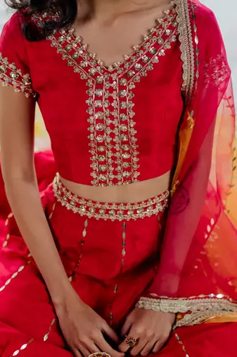 Cherry Red Silk Embroidered Lehenga Set