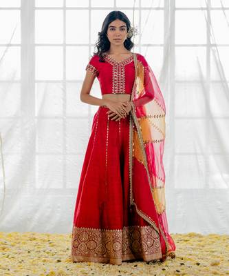 Cherry Red Silk Embroidered Lehenga Set 1