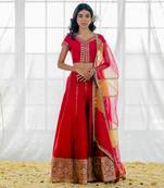Cherry Red Silk Embroidered Lehenga Set